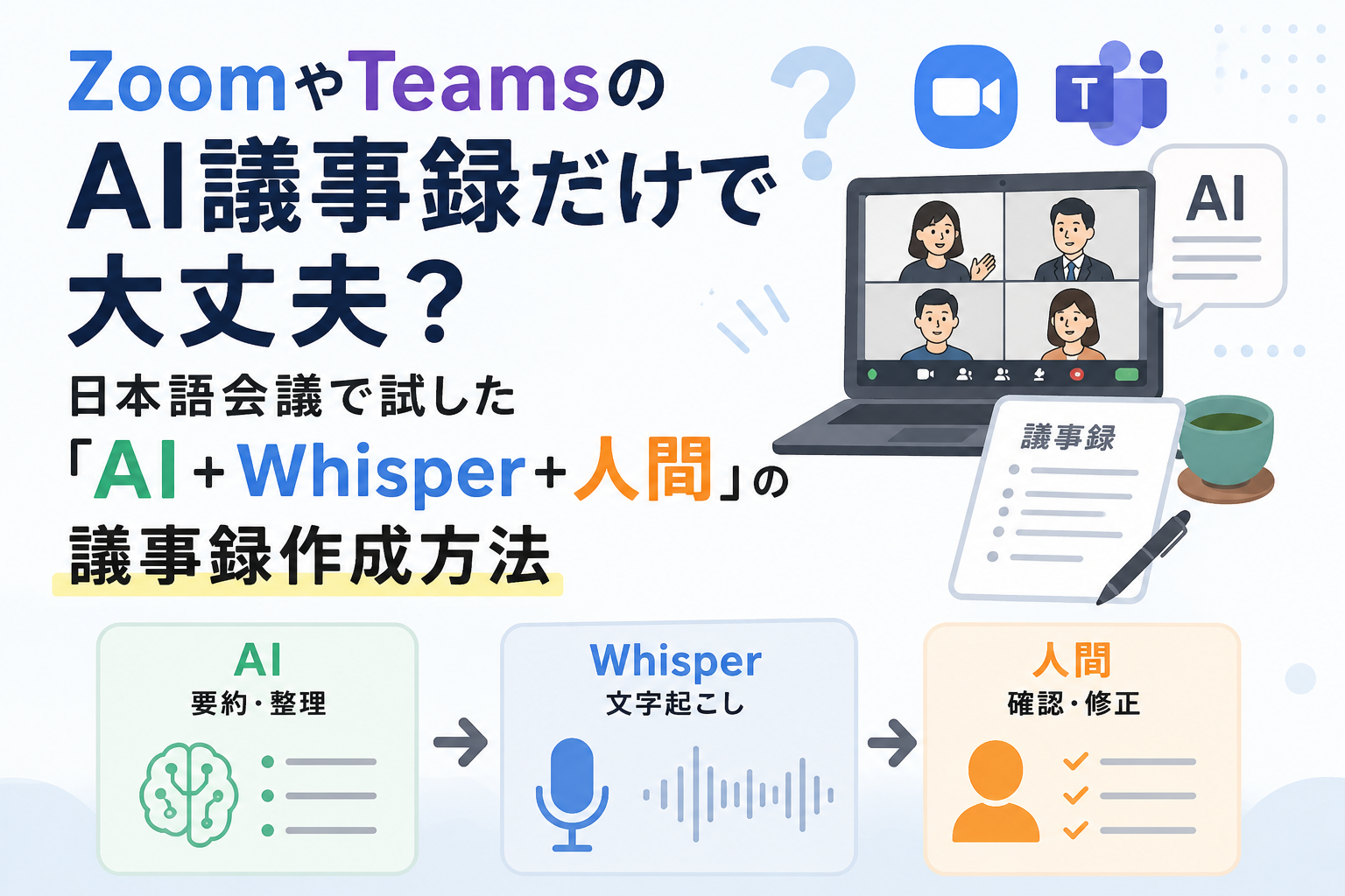 ZoomやTeamsのAI議事録だけで大丈夫？ 日本語会議で試した「AI＋Whisper＋人間」の議事録作成方法